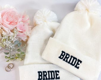 Bride Pom Pom Beanie Winter Knit Hat / Custom Wedding Winter Ski Hat for the Bride / Winter Wedding / Choose your Embroidery Color