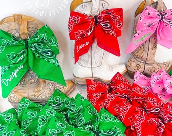 School Spirit Custom Embroidered Cowboy Boot Bow Bandana: Custom School Spirit, Gold or Silver Hardware