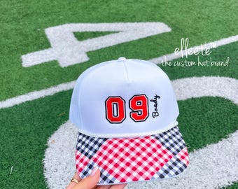Player Number Embroidered Gingham Custom Trucker Hat: School Spirit Football, Baseball Player Player Name and Number / Any Sport