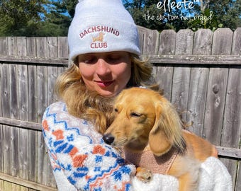 Dachshund Soft Knit Pom Pom Beanie / The Dachshund Club / Embroidered Knit Hat / Dog Gift