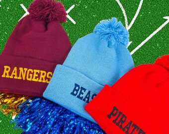 Pom Pom Beanie Customized Knit Hat / Personalized Embroidered Team Name / Any lettering on our hats