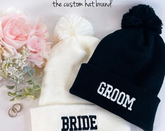Bride and Groom Pom Pom Beanie Winter Knit Hat / Custom Wedding Winter Ski Hat for the Bride or Groom / Winter Wedding