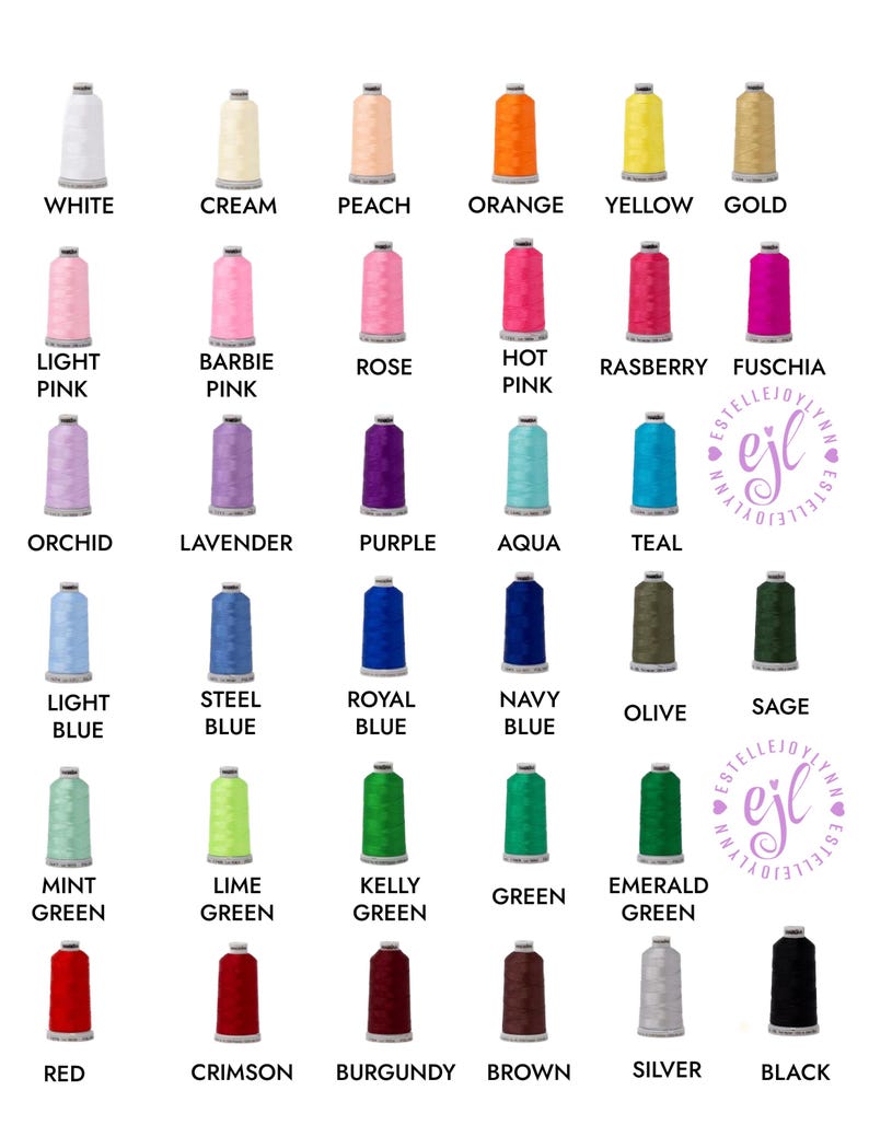 Puede incluir: Una cuadr&iacute;cula de treinta y seis carretes de hilo de bordar en varios colores, cada uno etiquetado con su nombre de color correspondiente, incluyendo blanco, crema, melocot&oacute;n, naranja, amarillo, oro, tonos rosa, morado, azul, verde, rojo, marr&oacute;n, plata y negro.