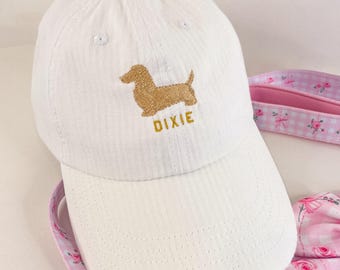 Dachshund Seersucker Ball Cap comes in all white customized with your Dog’s Name