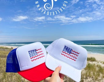 Embroidered American Flag Trucker Hat: Patriotic Bow Design