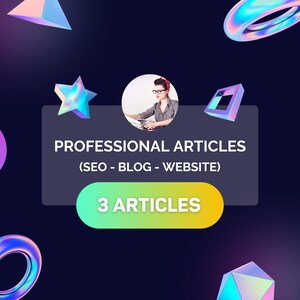 Puede incluir: Un gráfico con una mujer escribiendo en una máquina de escribir, rodeada de formas geométricas de colores. El texto dice "Artículos profesionales (SEO - Blog - Sitio web)" y "3 artículos".