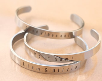 Personalized Cuff Bracelet: Engraved Titanium Stainless Steel Bangle (8mm)
