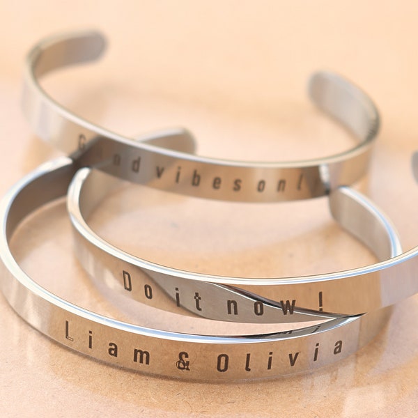 Personalised Cuff Bangle Bracelet for Men Women, Customised Jewellery, Silver Engraved Bracelet, Titanium Stainless Steel, 8mm