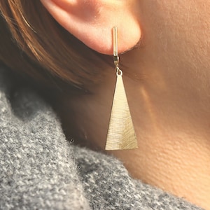Gold Plated Geometric Pendant Drop Earrings, Triangle Earrings, 18k Plated, Brushed Finish