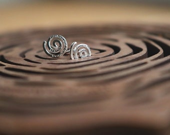 Small Silver Swirl Studs, Handmade Textured Spiral Earrings, Geometric Celtic, Solid Silver