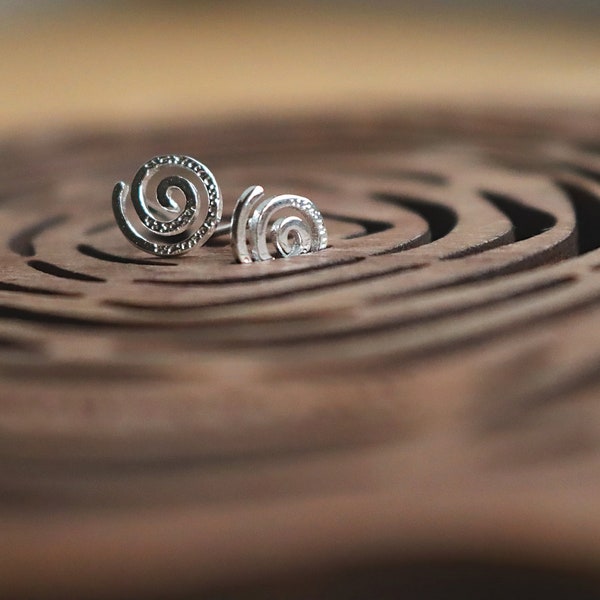 Small Silver Swirl Studs, Handmade Textured Spiral Earrings, Geometric Celtic, Solid Silver