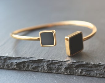 Black Square Open Bracelet For Women, Geometric Bangle, 18k Gold Plated  Jewellery Gift