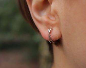 Sterling Silver Crossover Stud Earrings: Geometric Line Design