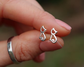 Cat Stud Earrings, Animal Design, Tiny Cute Earrings, Cat Lover Gift, Sterling Silver S925