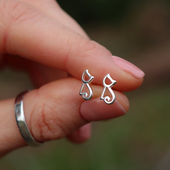 Sterling Silver Cat Stud Earrings, Animal Lover Gift