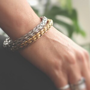 May include: Two braided bracelets, one gold and one silver, worn on a person's wrist.