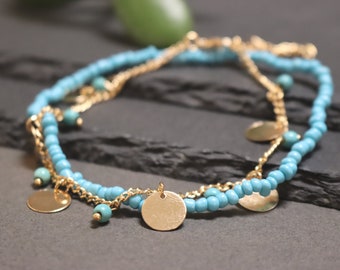 Gold Disc Charm Bracelet: Blue Beaded Boho Jewelry