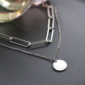 Multilayer Paperclip Chain Necklace, Coin Pendant, Stainless Steel Jewellery, Silver Plated Necklace For Women