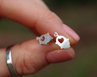 Pig Stud Earrings, Brushed Sterling Silver Pig Studs, Animal Lover