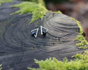 May include: A pair of silver-toned triangle stud earrings with a small black square at the base of each triangle. The earrings are displayed on a weathered, dark gray wooden surface with patches of green moss.