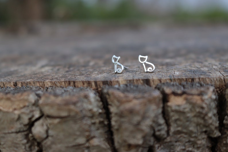 May include: A pair of silver cat-shaped stud earrings. The earrings are small and delicate, and they are perfect for adding a touch of whimsy to any outfit.