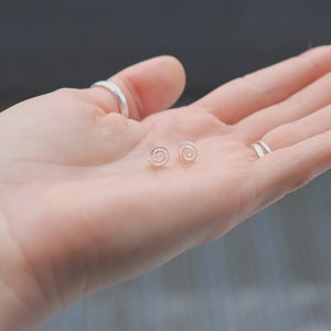 May include: A pair of silver spiral stud earrings on a hand.