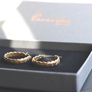 Op de afbeelding: Een paar gouden creolen met een gedraaid ontwerp, gepresenteerd in een witte doos met een logo.