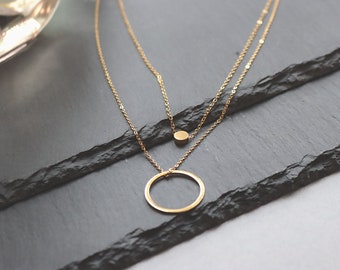 Collier à pendentif cercle superposé en plaqué or, collier double couche en acier inoxydable, bijoux en plaqué or 18 carats