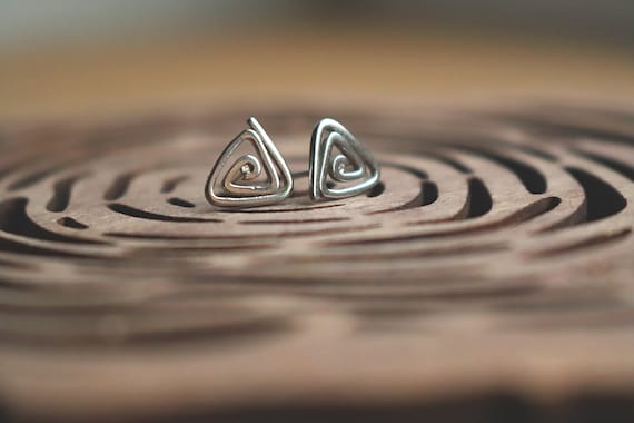 Handmade Textured Triangle Studs, Tiny Silver Earrings, Geometric Jewellery, Sterling Silver