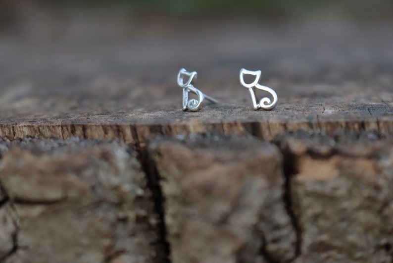 May include: A pair of silver cat-shaped stud earrings. The earrings are simple and delicate, with a minimalist design.