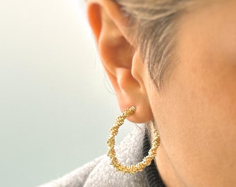 Twisted Gold Hoop Earrings, Large Hoop Earrings, Modern Statement Earrings, Textured Jewelry