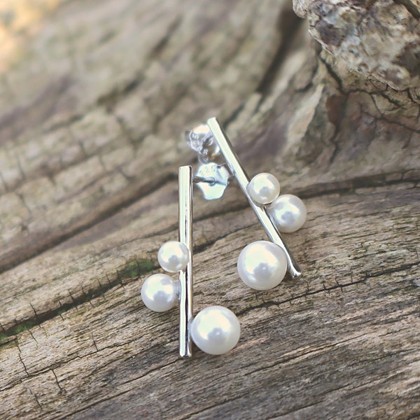 Pearl Bead Bar Stud Earrings 925 Sterling Silver, Pearl Stick Earrings, Silver Jewellery