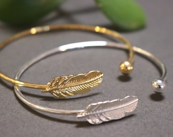 Feather Bangle Bracelet: 18k Gold & Platinum Plated Open Cuff