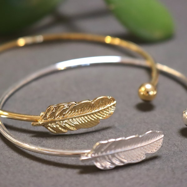 Feather Open Cuff Bangle for Women, Adjustable Open Cuff Bracelet, Leaf Shape, 18k Gold, Platinum Plated