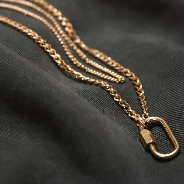 Double Layered Necklace Jewellery, Gold Plated 18k, Carabiner Pendant, Oval Shape, Handmade