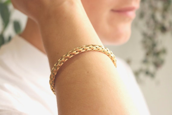 Braided Twist Stainless Steel Bangle Bracelet - 18k Gold Finish