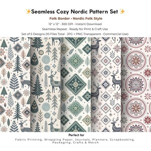 May include: A seamless Nordic pattern set with folk border and folk style designs. The patterns feature deer, trees, and geometric shapes in shades of blue, green, and brown on a cream background. The set is designed for print and craft use.