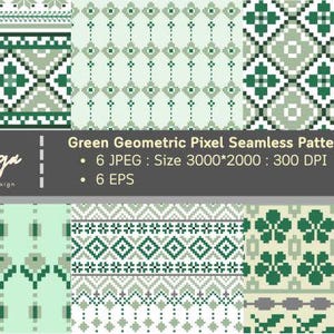 May include: A digital design showcasing six green geometric pixel seamless patterns. The patterns include various pixelated designs with diamonds, floral, and geometric shapes. The image includes the text "Green Geometric Pixel Seamless Pattern".