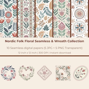 Könnte beinhalten: Eine Sammlung nordischer floraler nahtloser Muster und Kränze. Die Designs zeigen verschiedene Blumen- und Blattformen in Rot-, Rosa-, Grün- und Brauntönen. Der Text lautet "Nordic Folk Floral Seamless & Wreath Collection". Die digitalen Papiere sind 30,48 cm x 30,48 cm groß.