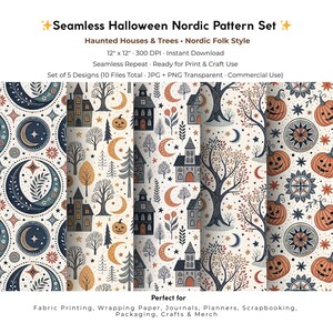 May include: A seamless Halloween Nordic pattern set featuring haunted houses, trees, moons, stars, and pumpkins in a Nordic folk style. The designs are in shades of cream, orange, navy, and brown. The set includes 5 designs, each 12 x 12 inches.