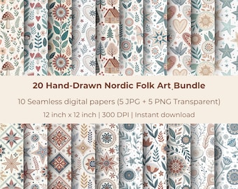 20 illustrations folkloriques nordiques dessinées à la main | Lot de cliparts scandinaves cosy | Ensemble de vecteurs numériques JPG PNG