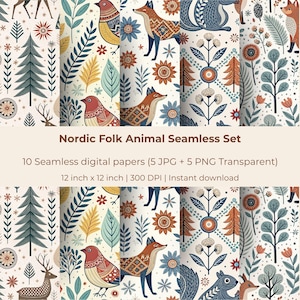 Nordic Folk Animal Art | Cozy Scandinavian Digital Paper | JPG PNG