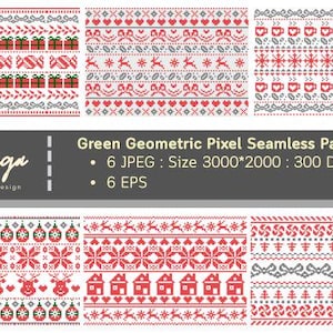 Puede incluir: Seis patrones geométricos sin costuras en rojo, blanco y gris. Los patrones presentan diseños navideños, incluyendo regalos, corazones, renos, copos de nieve, casas y adornos. La imagen también incluye el texto "Green Geometric Pixel Seamless Pattern".