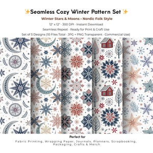 May include: A seamless winter pattern set featuring stars, moons, and Nordic folk style designs. The patterns include snowflakes, stars, and floral elements in red, blue, and beige on a white background. The text reads "Seamless Cozy Winter Pattern Set".