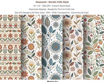 Seasonal Nordic Digital Papers | Cozy Scandinavian Folk Art | JPG PNG