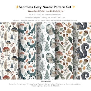 Könnte beinhalten: Ein nahtloses Muster-Set mit Waldthema. Die Designs zeigen Illustrationen von Pilzen, Füchsen, Eulen, Eichhörnchen und Blättern in Blau-, Braun- und Cremetönen. Das Set ist 30,48 cm x 30,48 cm groß und eignet sich für Stoffdruck, Geschenkpapier und Bastelarbeiten.
