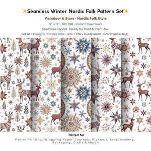May include: A seamless winter Nordic folk pattern set featuring reindeer, stars, and floral elements in a folk style. The designs include various patterns with a white background and accents of brown, blue, and red. Perfect for fabric printing and crafts.