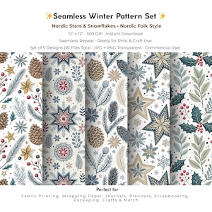 Winter Nordic Folk Seamless Pattern | Snowy Pine Cones Nordic Stars | Digital Paper & Isolated PNG