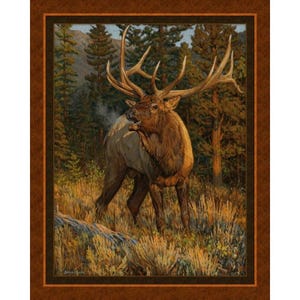 May include: A rectangular fabric panel featuring a detailed illustration of a large bull elk with expansive antlers standing in a forest clearing. The elk is brown with a dark neck mane, positioned among golden grasses and tall pine trees.