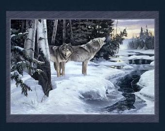 WILDERNESS CRY Fabric Quilt Panel, 100% Cotton, Wolf, Wildlife, Animal, Spiritual, Snow, Landscape